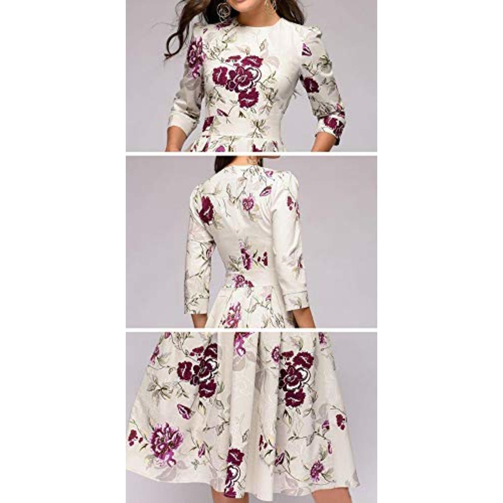 1 Simple Flavor Womens Floral Vintage Dress Elegant Autumn Midi Evening  Dress 3/4 Sleeves (Beige, M)