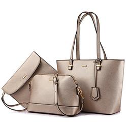 LOVEVOOK Handbags for Women Shoulder Bags Tote Satchel Hobo 3pcs Purse Set Pearlescent-Khaki