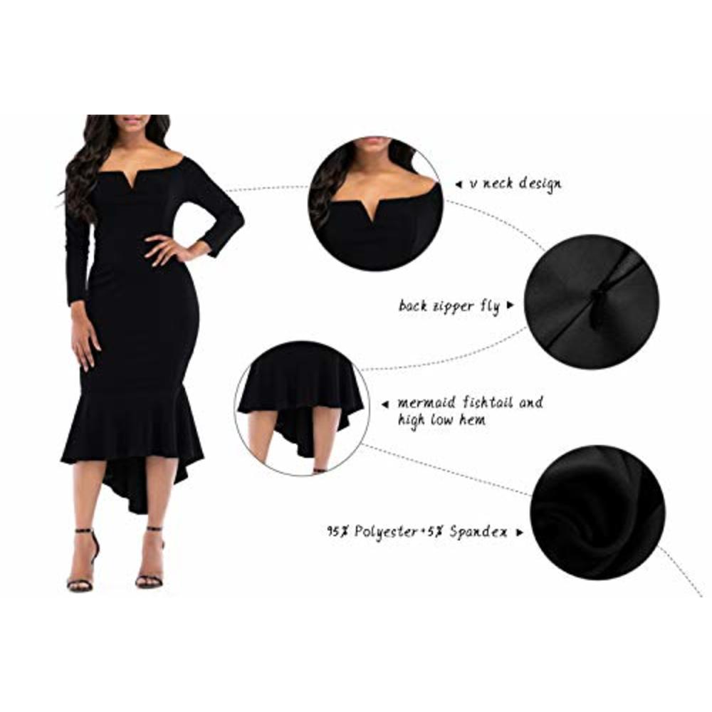Dresses-YS006-Black-XL- onlypuff Fishtail Dresses for Women Midi Bodycon  Dress Long Sleeve V Neck Cocktail Dress XL Black