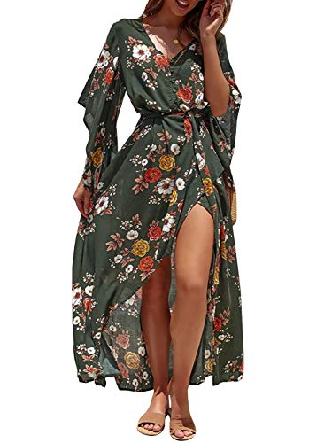 Miessial Womens Boho V Neck Floral Chiffon Dress Backless Beach Split Maxi Dress with Belt Green 14
