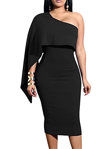 GO106-black-XL GOBLES Womens Summer Sexy One Shoulder Ruffle Bodycon Midi  Cocktail Dress Black