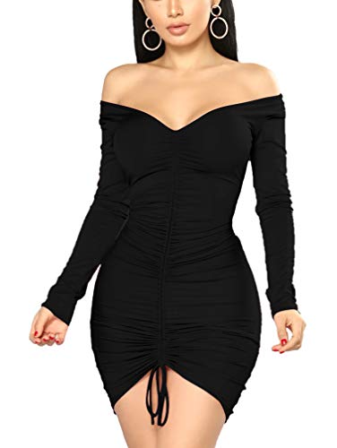 XXTAXN Womens Sexy Elegant Long Sleeve Off The Shoulder Ruched Mini Dress Black