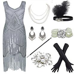 YENMILL 1920s Gatsby Sequin Fringed Paisley Flapper Dress with 20s Accessories Set (XXXL, Grey)