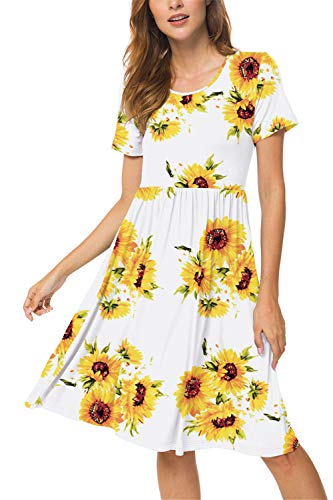 1 DB MOON Women Summer Casual Short Sleeve Dresses Empire Waist Dress with  Pockets (Sunflower White, M)