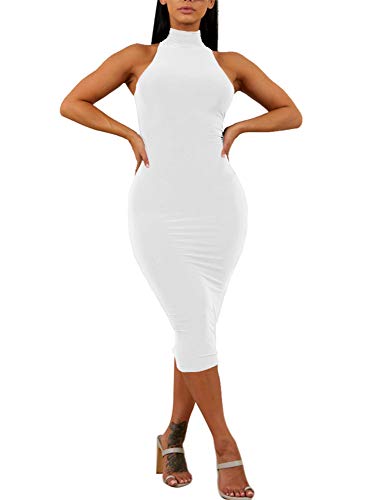 B07H5BVPJY GOBLES Womens Sexy Halter High Neck Elegant Sleeveless Bodycon  Midi Club Dress White