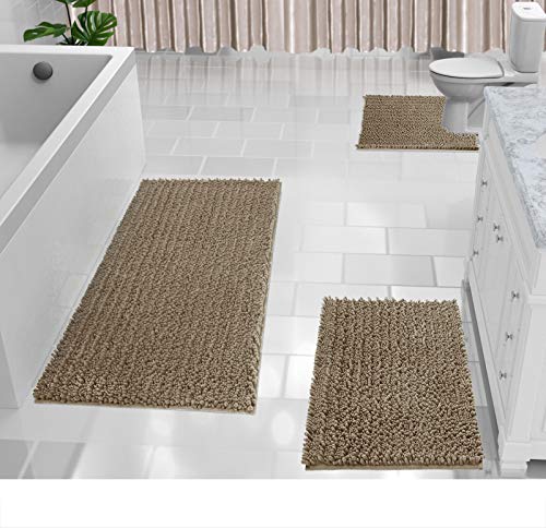Yimobra Luxury Chenille Bathroom Rug Mat Set 3 Piece, Ultra Soft Shaggy Rugs and Non Slip Toilet Mats, Water Absorbent, Machine 