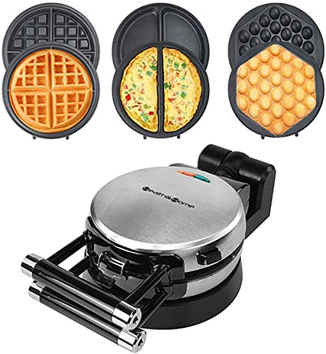 Health and Home 3-in-1 Waffle Maker, Omelet Maker, Egg Waffle Maker, 3  Removable Nonstick Baking Plates, Upgraded 360 Rotating B