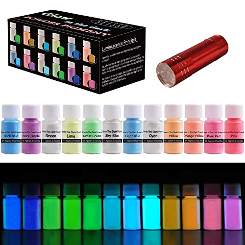 SEISSO Glow in the Dark Pigment Powder 12 Color Epoxy Resin Luminous Powder Safe Non-toxic for Nail Art, Colorant Slime, Acrylic Paint,