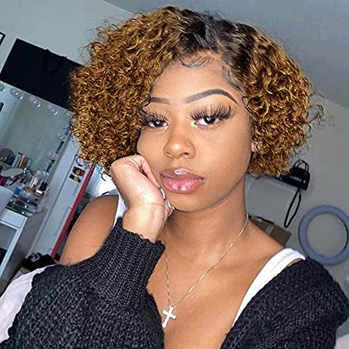 Quantum Love Human Hair Wigs Curly Wave Side Part Wig Short Bob Pixie Cut Brazilian Remy Human Hair Deep Curly None Lace Front W