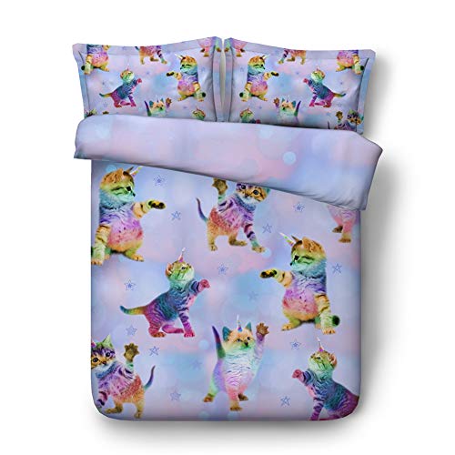 RoyalLinens 3pcs colorful Rainbow Unicorn Kitten Print Bed Set Kids girls Full Queen King Size Bedding with 1 Duvet cover 2 Sham