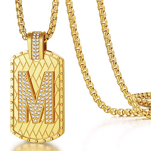 ETEVON 18K Gold Plated Initial Necklace, Gold Stainless Steel Large Letter M Pendant Hip Hop Gold Square Chain Jewelry Gifts for