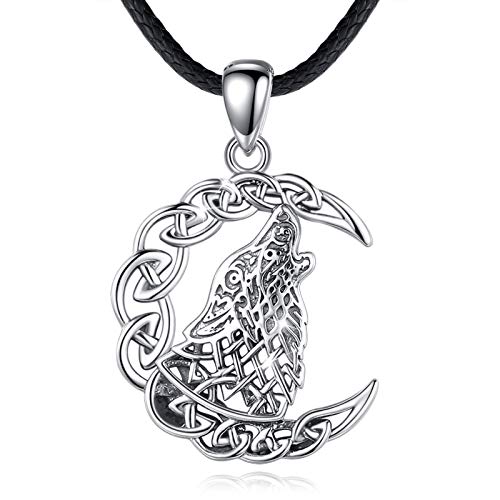 EUDORA Wolf Necklace for Women, Vintage Viking Sterling Silver Celtic Moon Animal Spirits Pendant Gifts for Men, Boy, Girl, 24"