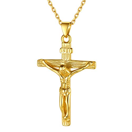 ChicSilver Gold Cross Necklace for Women 18K Gold Plated Sterling Silver Catholic Jesus Christ on INRI Cross Crucifix Pendant Necklace for