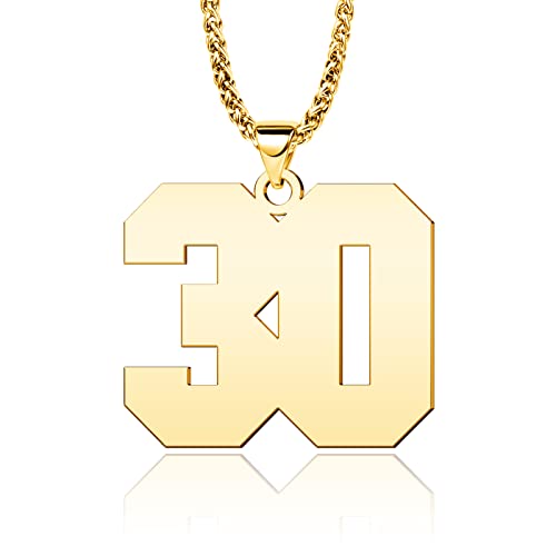 LuxglitterLin Men Boy 18K Gold Plated Sports Initial Number 30 Necklace Stainless Steel Personalized Jewelry 3mm Wide Wheat Chai