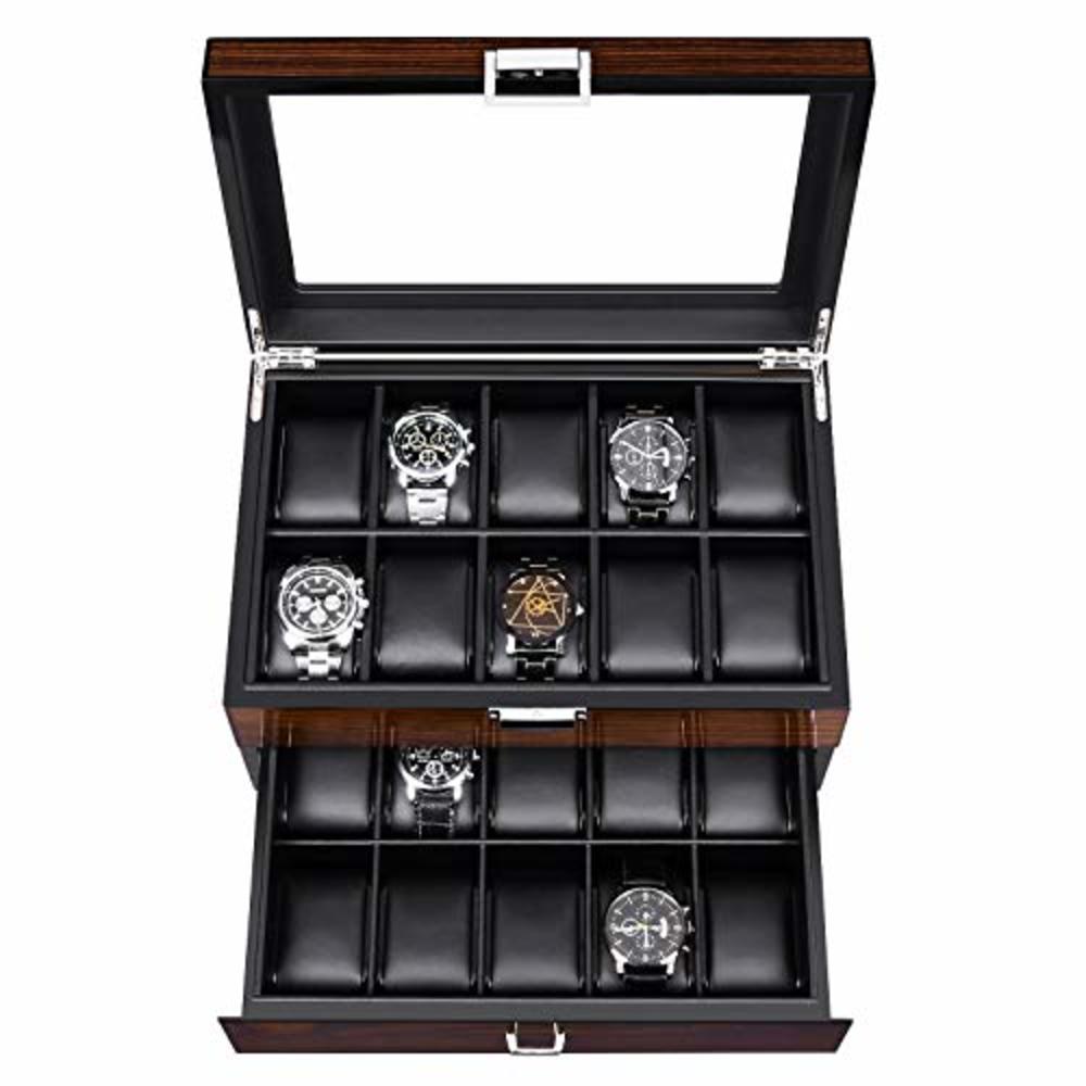 BEWISHOME Watch Box 20 Slots Watch Case for Men - Luxury Watch Organizer with Glass Top,Smooth Faux Leather Interior, Brown SSH0