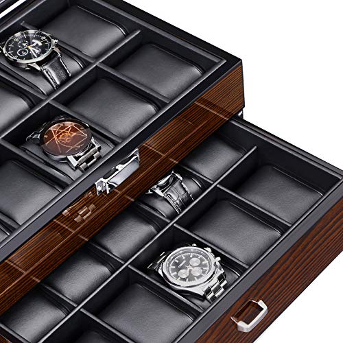 BEWISHOME Watch Box 20 Slots Watch Case for Men - Luxury Watch Organizer with Glass Top,Smooth Faux Leather Interior, Brown SSH0