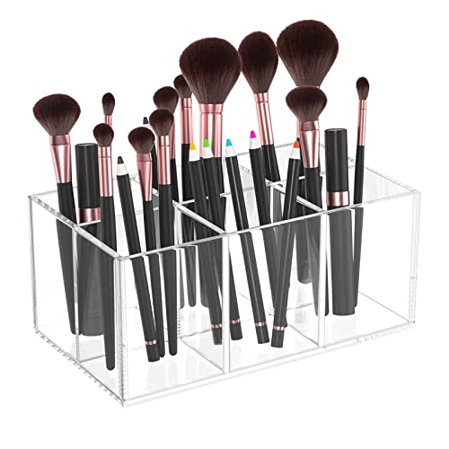 HIIMIEI Clear Makeup Brush Holder Organizer Acrylic 6-Slots Cosmetic Brushes Storage Organizer for Vanity Countertop