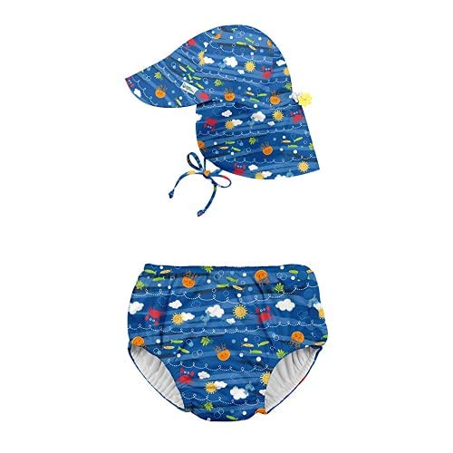 i play. by green sprouts Snap Reusable Swimsuit Diaper and Flap Sun Protection Hat - Blue Sea Friends