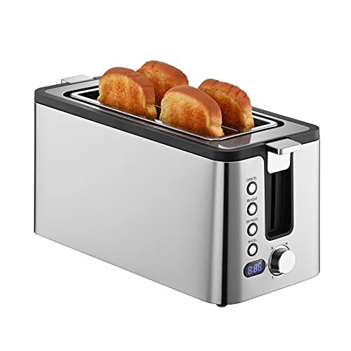 Mecity 4 Slice Toaster, Long Slot Toaster With Countdown Timer, Bagel / Defrost / Reheat / Cancel Functions,Warming Rack, Remova