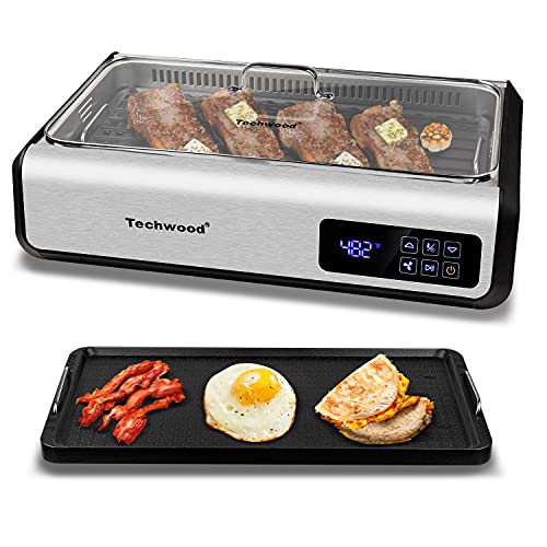 Techwood Indoor Smokeless Grill Techwood 1500W Electric Grill With Tempered Glass Lid & Led Smart Control Panel, 8-Level Control Korean B