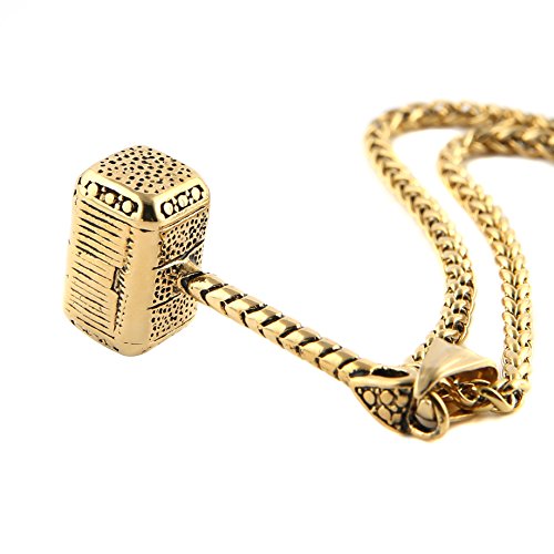 HZMAN Thor Hammer Stainless Steel Necklace for Men and Women Hammer Pendant Necklace 22+2 Inch Chain, Gold