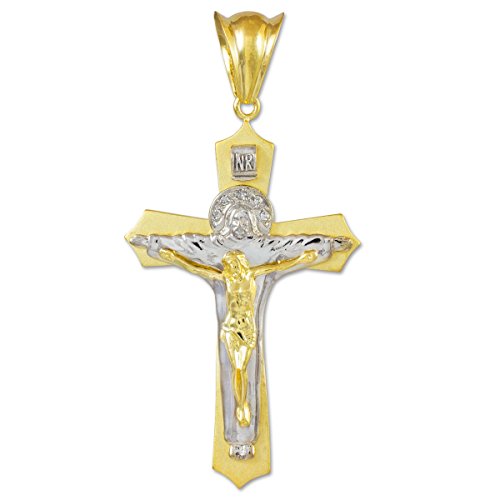 Gold Crucifixes Solid 14k Two-Tone Gold Jesus Christ The Redeemer Cross INRI Crucifix Pendant