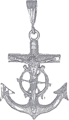 eJewelryPlus Sterling Silver Anchor Cross with Jesus Pendant Necklace 24 Inch Chain (with 24" Sterling Silver Figaro Chain)