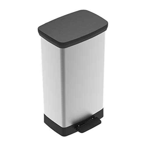 curver Deco Step-On Trash can and Recycle Bin with Lid for Kitchen Waste, 13 gallon, Silver, 13 gallons
