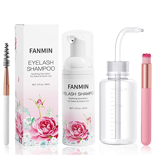 Fanmin Eyelash Extension cleanser 60ml +2 Brushes+ Rinse Bottle Eyelid Foaming cleanser,Eyelash Wash and Lash Bath for Extensions,Parab