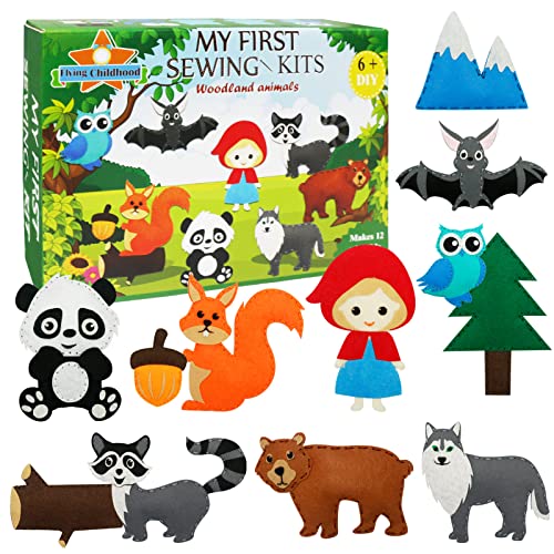 Flying Childhood Woodland Sewing Kit for Kids Felt crafts for girls Boys Ages 6-8 DIY Kits Stuffed Animals for children 12 Pack