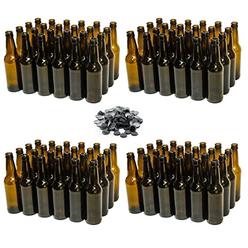 North Mountain Supply 12 Ounce Long-Neck Amber Beer Bottles - 96 Bottles (4 cases of 24) - Includes 250 crown caps