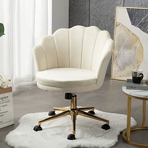 Furnimart Home Office chair with Wheels Upholstered comfy Velvet Desk chair Stool, Adjustable Swivel Modern Seashell Back Vanity chair for