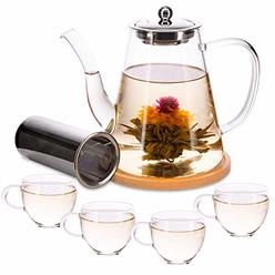 LoFone Tea Set,glass Teapot with Infuser & 4 cups for Loose Leaf Tea,1200ml40oz glass Tea Kettle Stovetop Safe