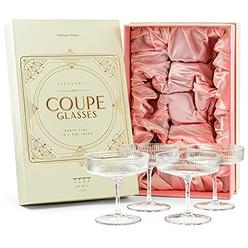 GLASSIQUE CADEAU Vintage Art Deco coupe glasses Set of 4 7 oz classic cocktail glassware for champagne, Martini, Manhattan, cosmopolitan, Sidecar