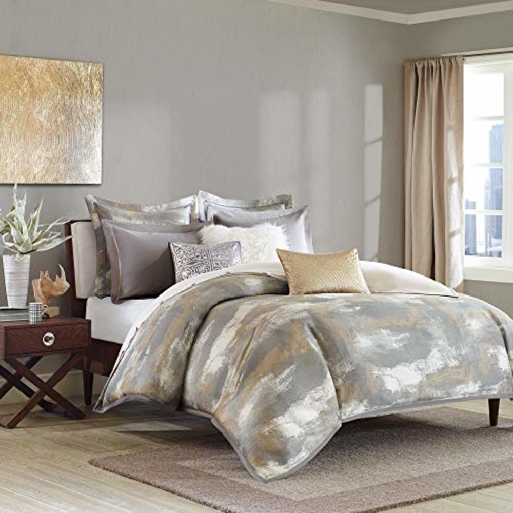 Madison Park Signature Graphix King Size Bed Comforter Duvet 2-In-1 Set Bed In A Bag - Grey, Silver , Metallic, Jacquard – 9 Pie
