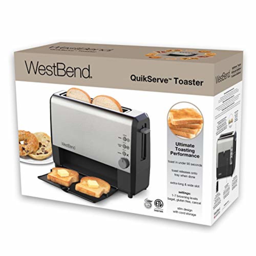 West Bend 77222 2 Slice Toaster QuikServe Wide Slot Slide Through with Bagel and Gluten-Free Settings and Cool Touch Exterior In