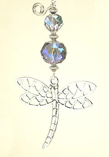 Trace Ellements Fan  Large Silvery Metal Dragonfly and Faceted Pale Purple-Blue Glass Ceiling Fan Pull / Light Pull