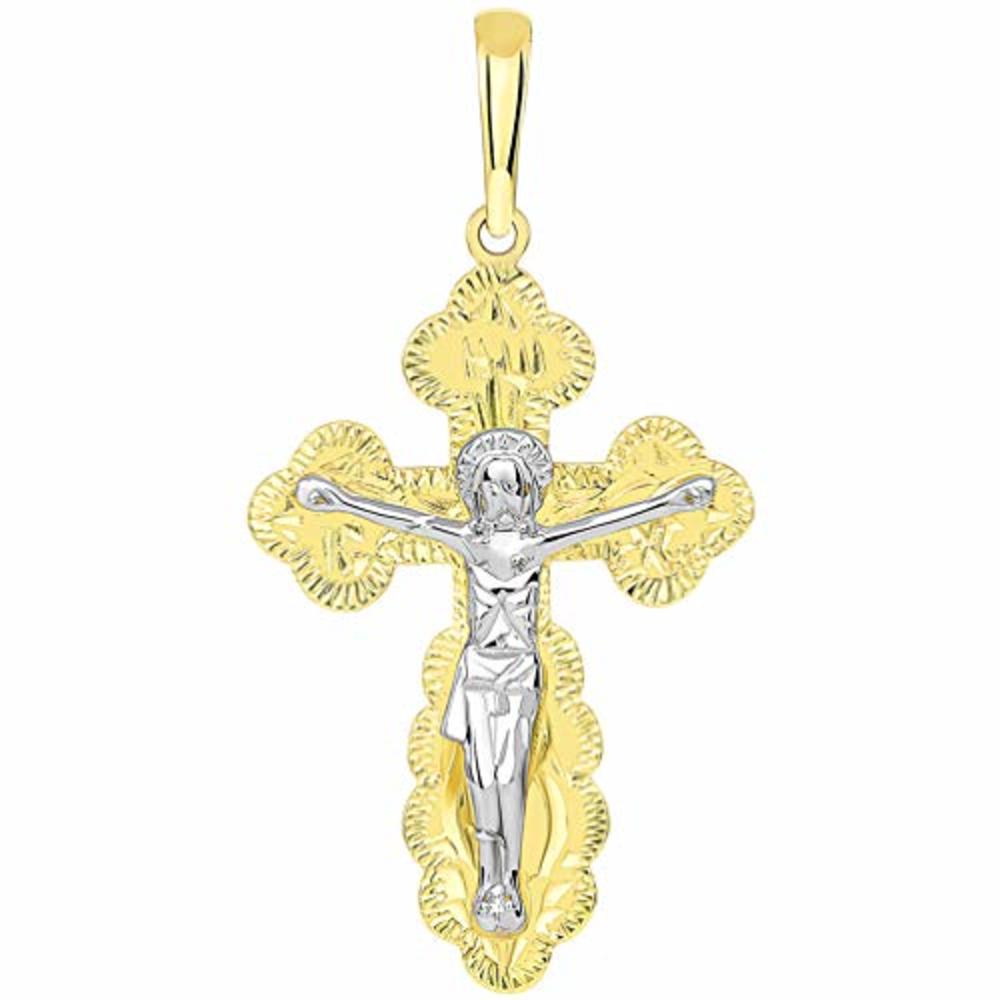 JewelryAmerica 14k Yellow Gold Two Tone Russian Orthodox Save & Protect Cross Jesus Crucifix Pendant Necklace, 18"
