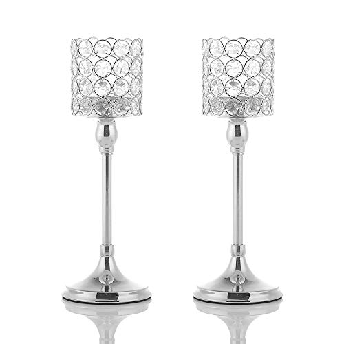 VINCIGANT 2PCS Silver Crystal Candle Holders Set for Dinning Table Centerpieces,Gift Boxed for Thanksgiving,Christmas12 Inches T