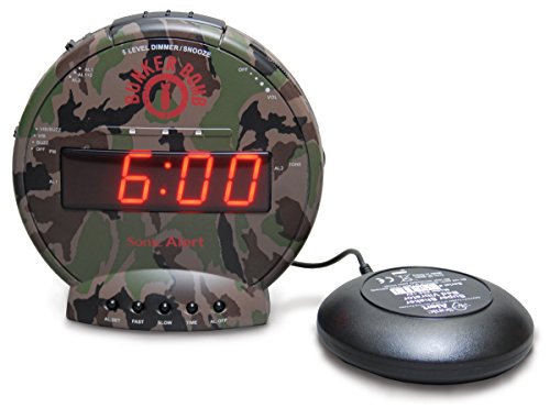 Sonic Alert Sonic Bomb Dual Alarm Clock with Bed Shaker, Camouflage | Sonic Alert Vibrating Alarm Clock Heavy Sleepers, Battery Backup | Wak