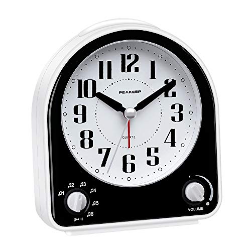 Peakeep Non-Ticking Silent Alarm Clock, Optional 7 Wake-up Sounds with Volume Control, Nightlight and Snooze, AA Battery Operate