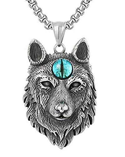 Best Dealz Spiritual Evil Eye Wolf Head Blue Eye Pendant Necklace Stainless Steel Jewelry Men Women with 25" Chain