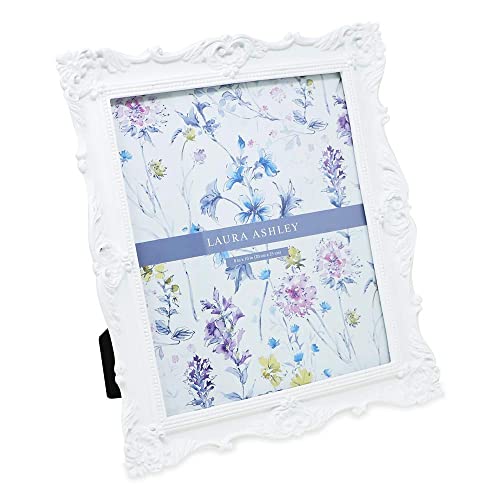 Laura Ashley 8x10 White Ornate Textured Hand-Crafted Resin Picture Frame with Easel & Hook for Tabletop & Wall Display, Decorati