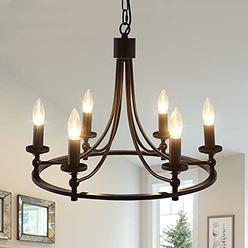 ASGYISA 6-Light Black Farmhouse Wagon Wheel Chandelier?Rustic Iron Hanging Candle Pendant Lighting ?Ceiling Lights Fixture for K