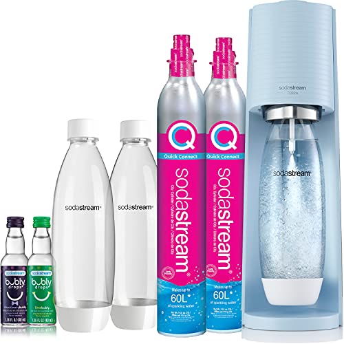 SodaStream Terra Sparkling Water Maker Bundle (Misty Blue), with CO2, DWS Bottles, and Bubly Drops Flavors