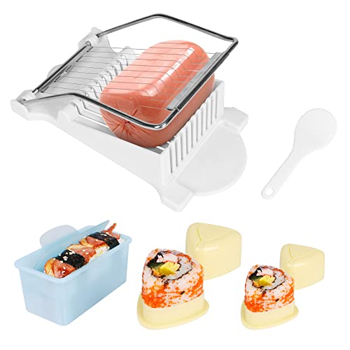 Ajerg 5 Pcs Spam Musubi Maker Mold Press (Non Stick) with Luncheon Meat  Slicer Kit Sushi Rice Ball Mold Blue Onigiri Mold Sushi Making