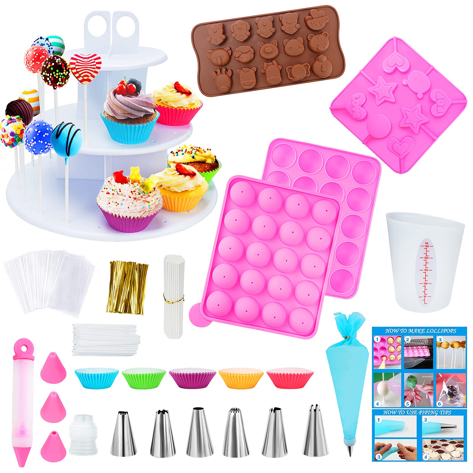 Ranchitel Cake Pop Maker Kit with 3 Silicone Mold Sets - 3 Tier Display Stand, Piping Tips and Coupler, Measuring Cup, Muffin Cu