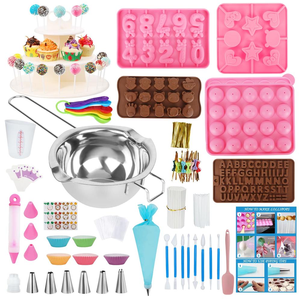 Ranchitel Cake Pop Maker Kit 618Pcs with 5 Silicone Mold Sets - 3 Tier Display Stand, Chocolate Candy Melting Pot,Piping Tips and Coupler,