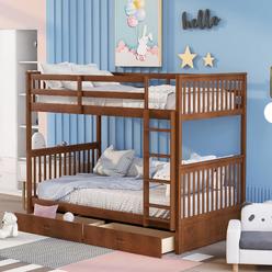 Bellemave Twin Over Twin Bunk Beds with 2 Drawers for Kids Teens, Detachable Wood Bunk Bed Frame for Boys girls children, Walnut