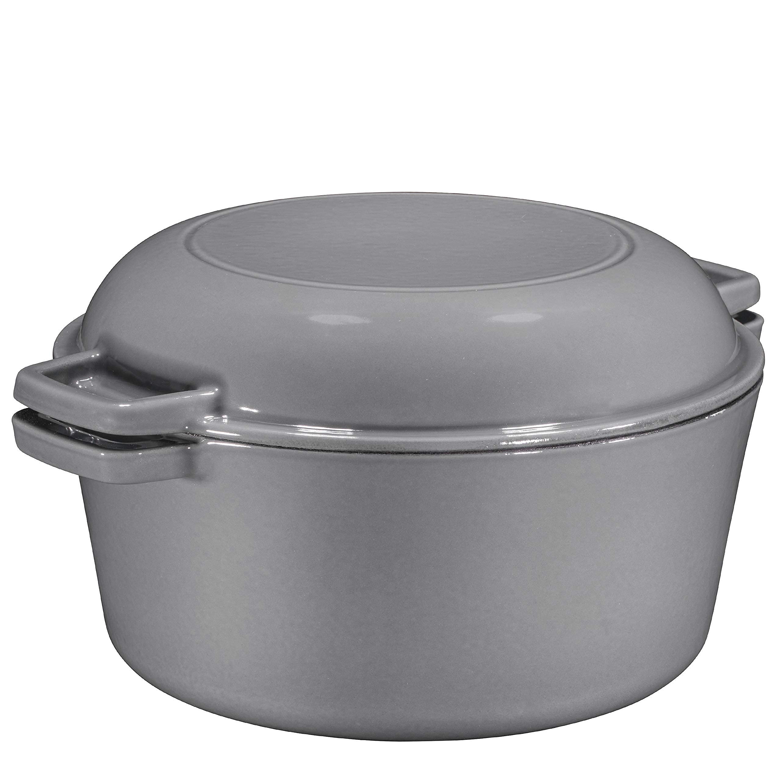 Bruntmor 2 in 1 Enameled cast Iron Double Dutch Oven & Skillet Lid, 5-Quart, Induction, Electric, gas & In Oven compatible, grey